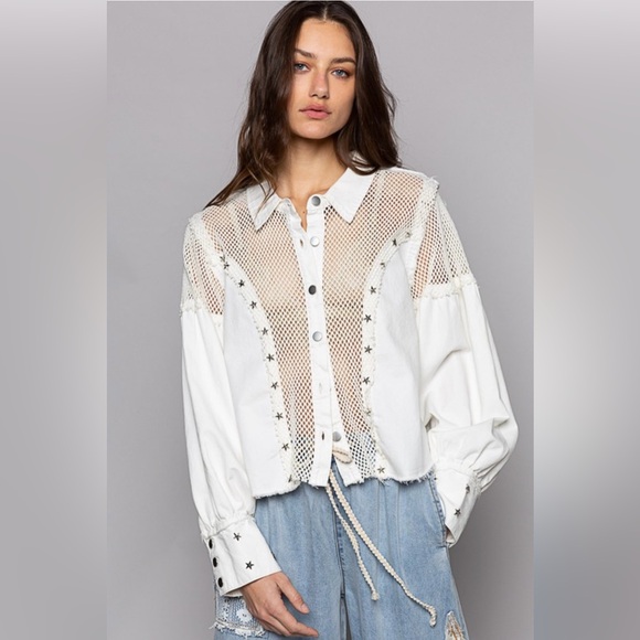 POL Tops - POL Oversized Star Studded Crochet Buttondown | Coconut